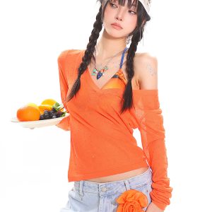 Orange Long Sleeve V-Neck Sun Protection Cover-Up for Women - Relaxed Fit Summer Top for a Casual Hot Girl Look