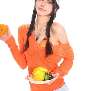 Orange Long Sleeve V-Neck Sun Protection Cover-Up for Women - Relaxed Fit Summer Top for a Casual Hot Girl Look