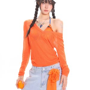 Orange Long Sleeve V-Neck Sun Protection Cover-Up for Women - Relaxed Fit Summer Top for a Casual Hot Girl Look