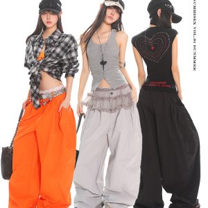 Orange Low-Waist Wide-Leg Casual Pants - American Retro Loose Pleated Parachute Style, Floor-Length Y2K Fashion Trousers