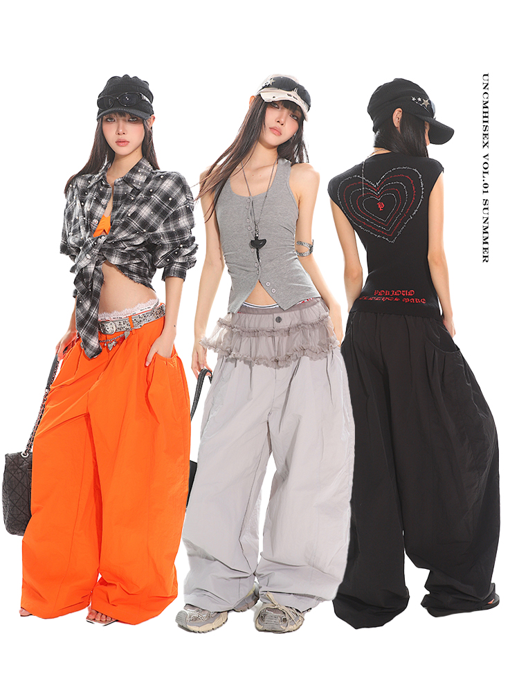Orange Low-Waist Wide-Leg Casual Pants - American Retro Loose Pleated Parachute Style, Floor-Length Y2K Fashion Trousers Orange Low-Waist Wide-Leg Casual Pants - American Retro Loose Pleated Parachute Style, Floor-Length Y2K Fashion Trousers