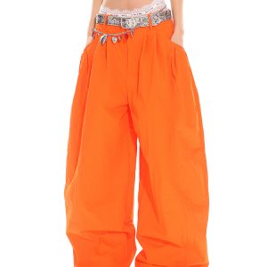 Orange Low-Waist Wide-Leg Casual Pants - American Retro Loose Pleated Parachute Style, Floor-Length Y2K Fashion Trousers
