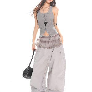 Orange Low-Waist Wide-Leg Casual Pants - American Retro Loose Pleated Parachute Style, Floor-Length Y2K Fashion Trousers