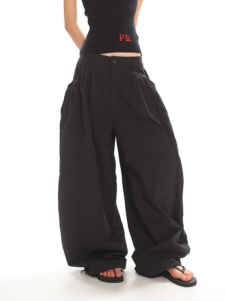 Orange Low-Waist Wide-Leg Casual Pants - American Retro Loose Pleated Parachute Style, Floor-Length Y2K Fashion Trousers Orange Low-Waist Wide-Leg Casual Pants - American Retro Loose Pleated Parachute Style, Floor-Length Y2K Fashion Trousers