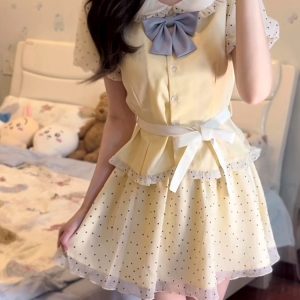 Original JK Uniform Yellow Doll Collar Top with Pudding Bear and Polka Dot Skirt Set - Women's Summer College Style