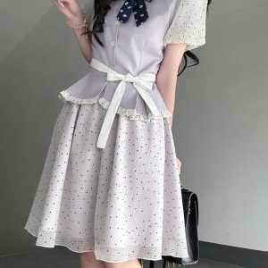 Original JK Uniform Yellow Doll Collar Top with Pudding Bear and Polka Dot Skirt Set - Women's Summer College Style
