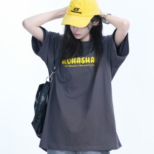 Oversized American Street Style Heavy Short-Sleeve T-Shirt for Women - "Sit and Eat Until the Mountains Are Empty", Casual Y2K Fashion