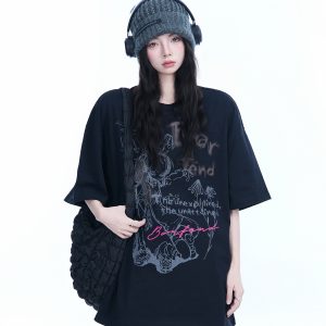 Oversized Black Short Sleeve T-Shirt for Women - American Street Style, Casual Cotton Tee with 