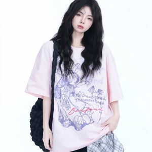 Oversized Black Short Sleeve T-Shirt for Women - American Street Style, Casual Cotton Tee with 