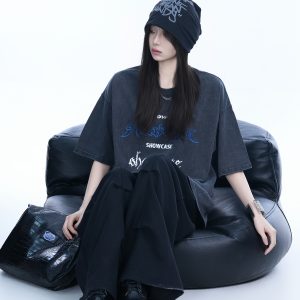 Oversized Black Short-Sleeve T-Shirt for Women - American Street Style, Casual Loose Fit, Y2K Fashion, Graphic Tee