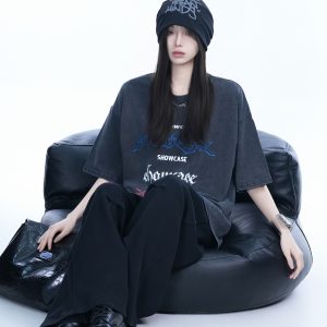 Oversized Black Short-Sleeve T-Shirt for Women - American Street Style, Casual Loose Fit, Y2K Fashion, Graphic Tee