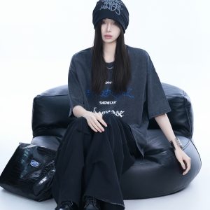 Oversized Black Short-Sleeve T-Shirt for Women - American Street Style, Casual Loose Fit, Y2K Fashion, Graphic Tee