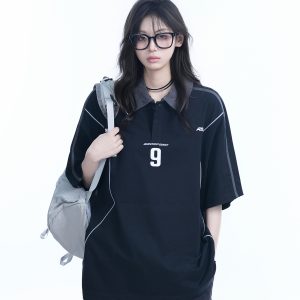 Oversized Black Short Sleeve T-Shirt for Women with American Street Style Collar and Quote, Casual Y2K Fashion Top