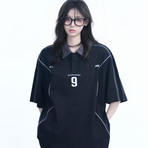 Oversized Black Short Sleeve T-Shirt for Women with American Street Style Collar and Quote, Casual Y2K Fashion Top