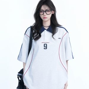 Oversized Black Short Sleeve T-Shirt for Women with American Street Style Collar and Quote, Casual Y2K Fashion Top