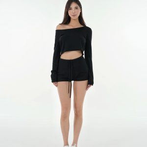 Oversized Collar Rolled Hem Short Sleeve Top & Knitted Shorts Set - Chic Casual Loungewear for Effortless Style