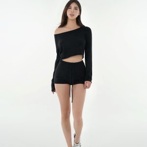 Oversized Collar Rolled Hem Short Sleeve Top & Knitted Shorts Set - Chic Casual Loungewear for Effortless Style