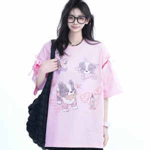 Oversized Cute Bow Half-Sleeve T-Shirt for Women - Sweet Short-Sleeve Tee with Mountain Graphic, Trendy Casual Style