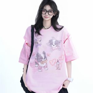 Oversized Cute Bow Half-Sleeve T-Shirt for Women - Sweet Short-Sleeve Tee with Mountain Graphic, Trendy Casual Style