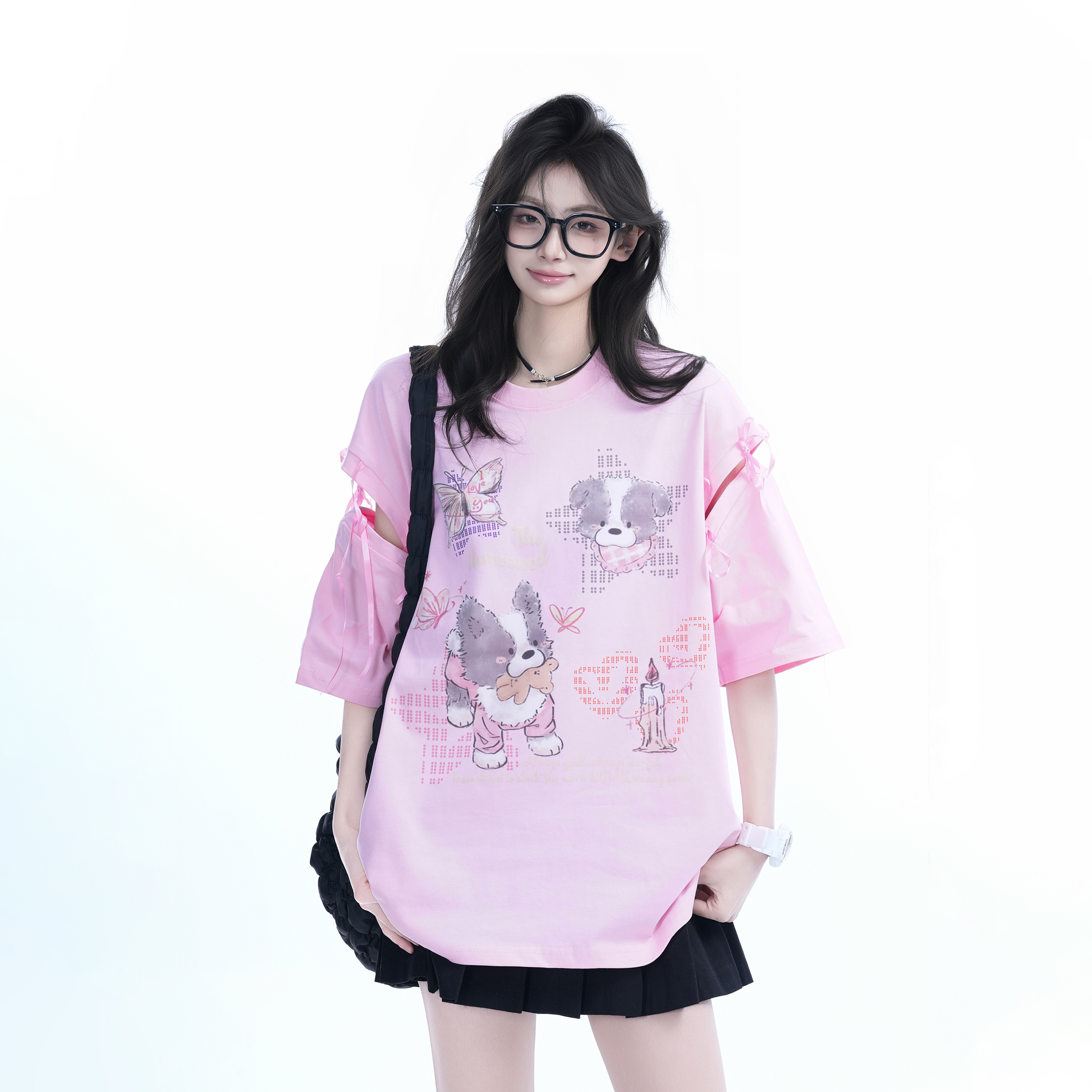 Oversized Cute Bow Half-Sleeve T-Shirt for Women - Sweet Short-Sleeve Tee with Mountain Graphic, Trendy Casual Style