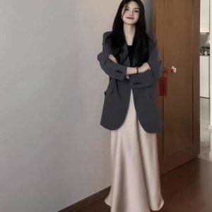 Oversized Gray Blazer for Women - Spring Autumn Casual Korean Style with Shoulder Pads, Loose Fit Design