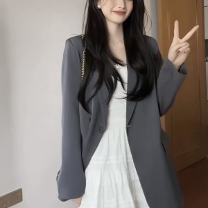 Oversized Gray Blazer for Women - Spring Autumn Casual Korean Style with Shoulder Pads, Loose Fit Design