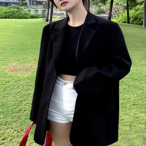 Oversized Gray Suit Jacket for Women, Loose Fit Blazer, Elegant Slimming Design, High-End Street Fashion, 2025 Spring Autumn Collection
