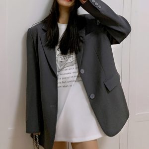 Oversized Gray Suit Jacket for Women, Loose Fit Blazer, Elegant Slimming Design, High-End Street Fashion, 2025 Spring Autumn Collection