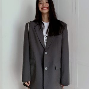 Oversized Gray Suit Jacket for Women, Loose Fit Blazer, Elegant Slimming Design, High-End Street Fashion, 2025 Spring Autumn Collection