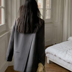 Oversized Gray Suit Jacket for Women, Loose Fit Blazer, Elegant Slimming Design, High-End Street Fashion, 2025 Spring Autumn Collection