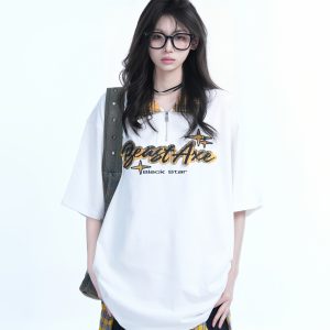 Oversized Loose Plaid Polo T-Shirt for Women - American College Style, Short Sleeve Tee with Casual Comfort and Trendy Design