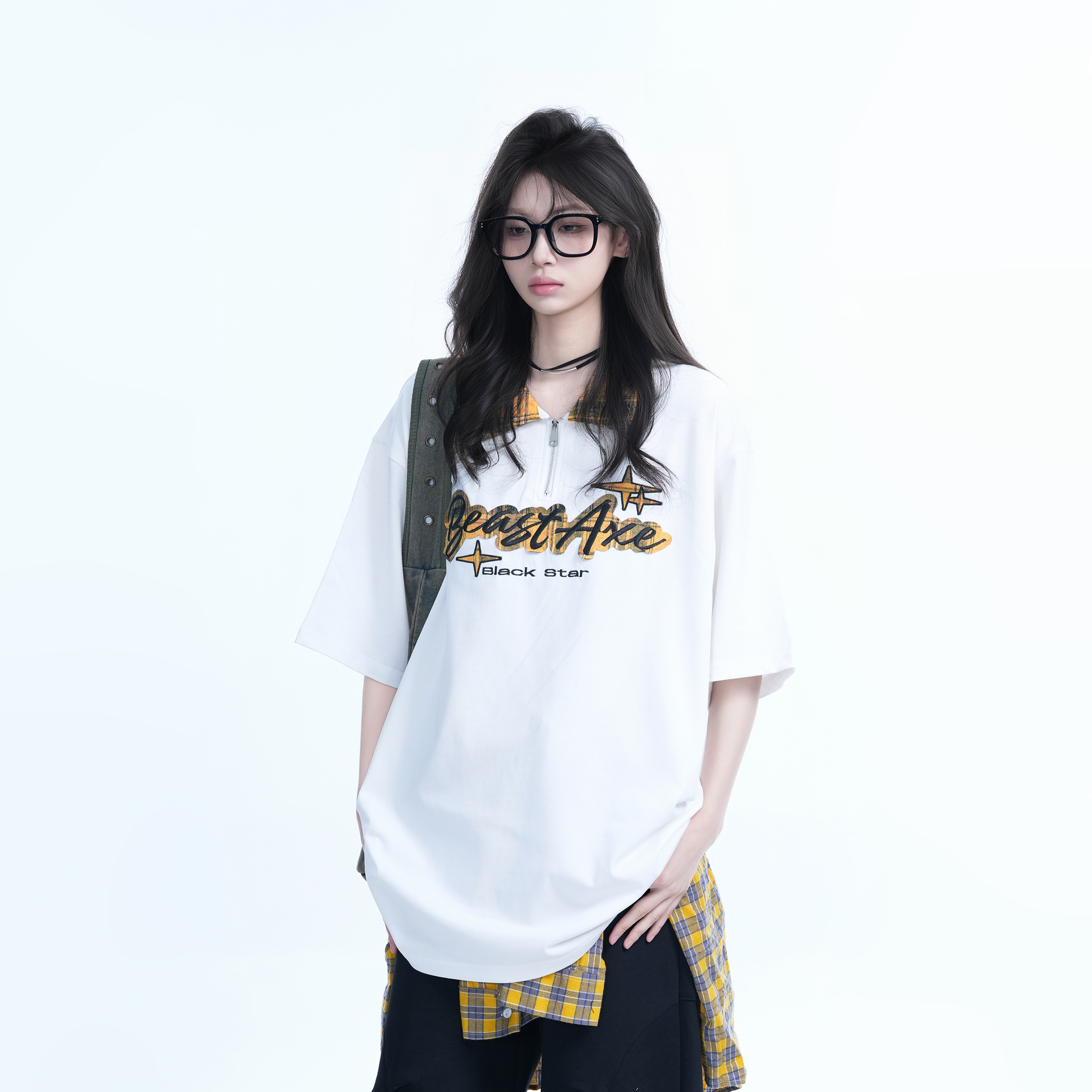 Oversized Loose Plaid Polo T-Shirt for Women - American College Style, Short Sleeve Tee with Casual Comfort and Trendy Design