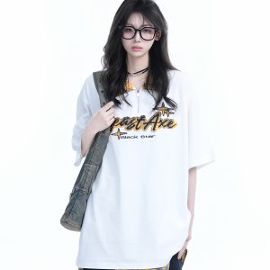 Oversized Loose Plaid Polo T-Shirt for Women - American College Style, Short Sleeve Tee with Casual Comfort and Trendy Design