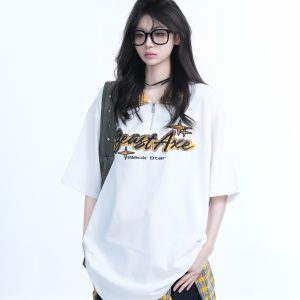 Oversized Loose Plaid Polo T-Shirt for Women - American College Style, Short Sleeve Tee with Casual Comfort and Trendy Design