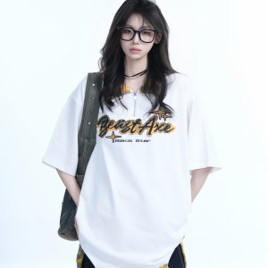Oversized Loose Plaid Polo T-Shirt for Women - American College Style, Short Sleeve Tee with Casual Comfort and Trendy Design
