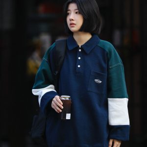 Oversized Men's Patchwork Polo Shirt Sweatshirt - Casual Couples Outfit for Regular Holidays, Sports & Leisure Wear