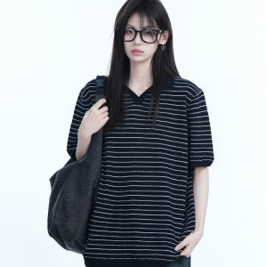 Oversized Retro American-Style Striped Short Sleeve T-Shirt for Women - Heavyweight Casual Fashion Top