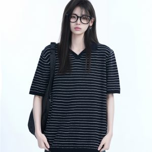 Oversized Retro American-Style Striped Short Sleeve T-Shirt for Women - Heavyweight Casual Fashion Top