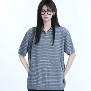Oversized Retro American-Style Striped Short Sleeve T-Shirt for Women - Heavyweight Casual Fashion Top