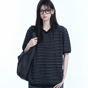 Oversized Retro American-Style Striped Short Sleeve T-Shirt for Women - Heavyweight Casual Fashion Top