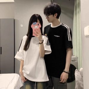 Oversized Spliced Three-Stripe Short Sleeve T-Shirt for Women - American High Street Style, Casual Summer Trend for Juniors