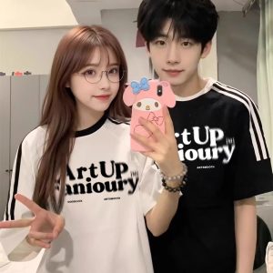 Oversized Spliced Three-Stripe Short Sleeve T-Shirt for Women - American High Street Style, Casual Summer Trend for Juniors