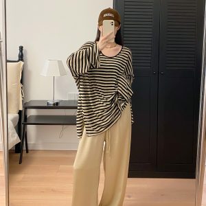 Oversized Striped U-Neck T-Shirt for Women - Sun Grapefruit Color, Thin Long Sleeve, Korean Style Summer Top for Sun Protection