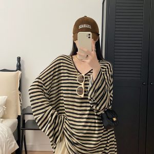 Oversized Striped U-Neck T-Shirt for Women - Sun Grapefruit Color, Thin Long Sleeve, Korean Style Summer Top for Sun Protection
