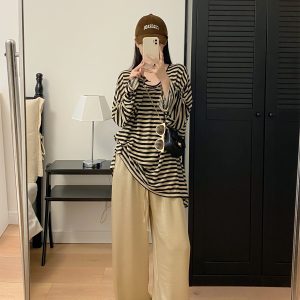 Oversized Striped U-Neck T-Shirt for Women - Sun Grapefruit Color, Thin Long Sleeve, Korean Style Summer Top for Sun Protection