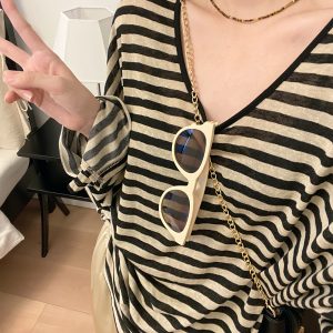 Oversized Striped U-Neck T-Shirt for Women - Sun Grapefruit Color, Thin Long Sleeve, Korean Style Summer Top for Sun Protection