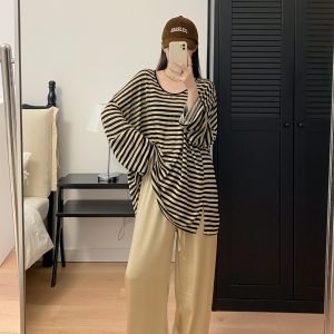 Oversized Striped U-Neck T-Shirt for Women - Sun Grapefruit Color, Thin Long Sleeve, Korean Style Summer Top for Sun Protection