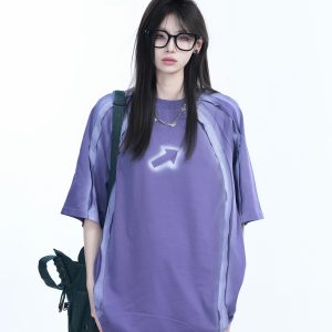 Oversized Tie-Dye Color-Blocking Short Sleeve T-Shirt for Women - Trendy Summer Top, Casual Loose Fit, Y2K Style