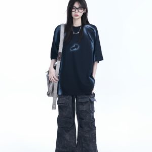 Oversized Tie-Dye Color-Blocking Short Sleeve T-Shirt for Women - Trendy Summer Top, Casual Loose Fit, Y2K Style