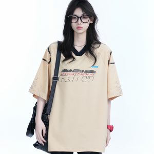 Oversized V-Neck Short Sleeve T-Shirt for Women - American Street Style with 